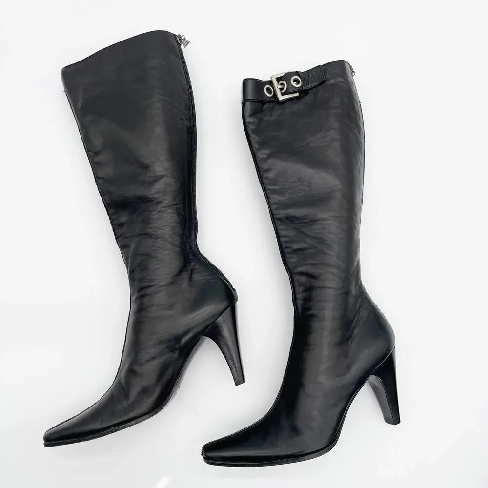 Vintage Prada Black Leather Square Toe Heeled Knee High Italian Boots 90s IT 36 - Picture 4 of 14